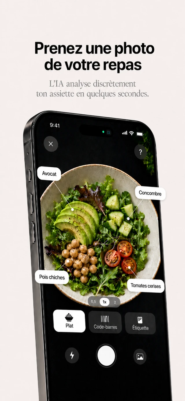 Nureo analyse une assiette en photo et identifie chaque aliment : avocat, concombre, pois chiches, tomates cerises